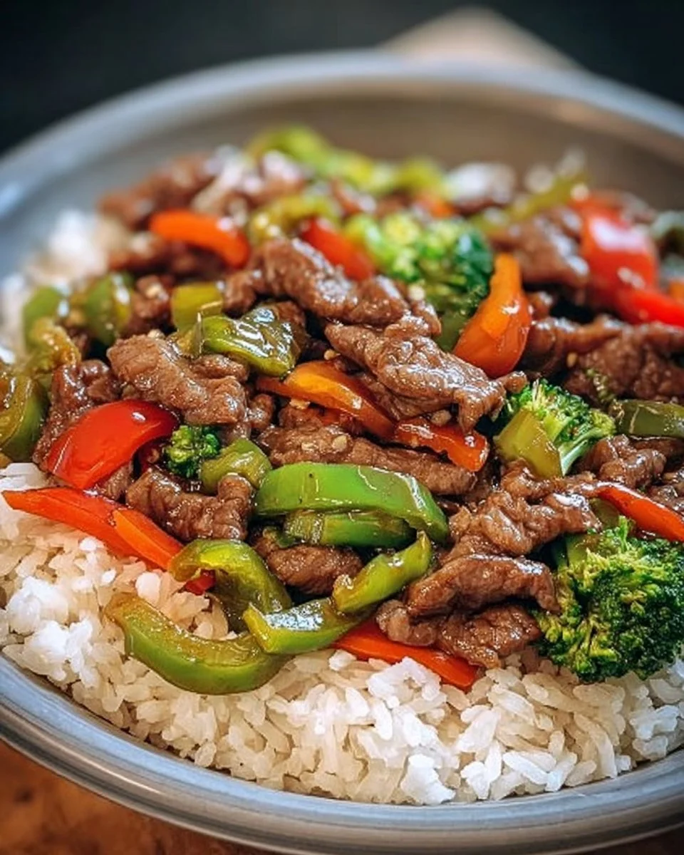 Rindfleisch-Pfanne mit buntem Paprika und serviertem Reis