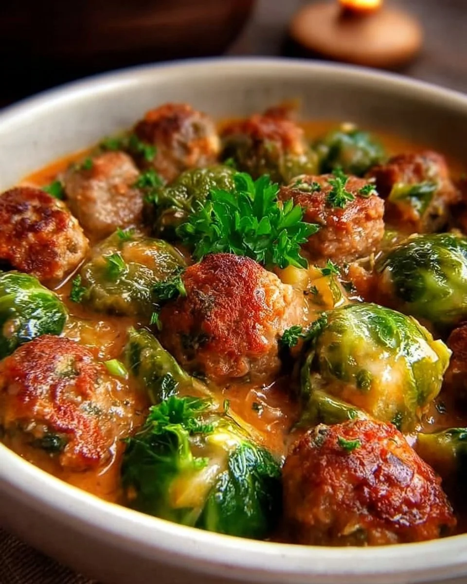 Rosenkohleintopf mit Hackbällchen serviert in einem bunten Teller