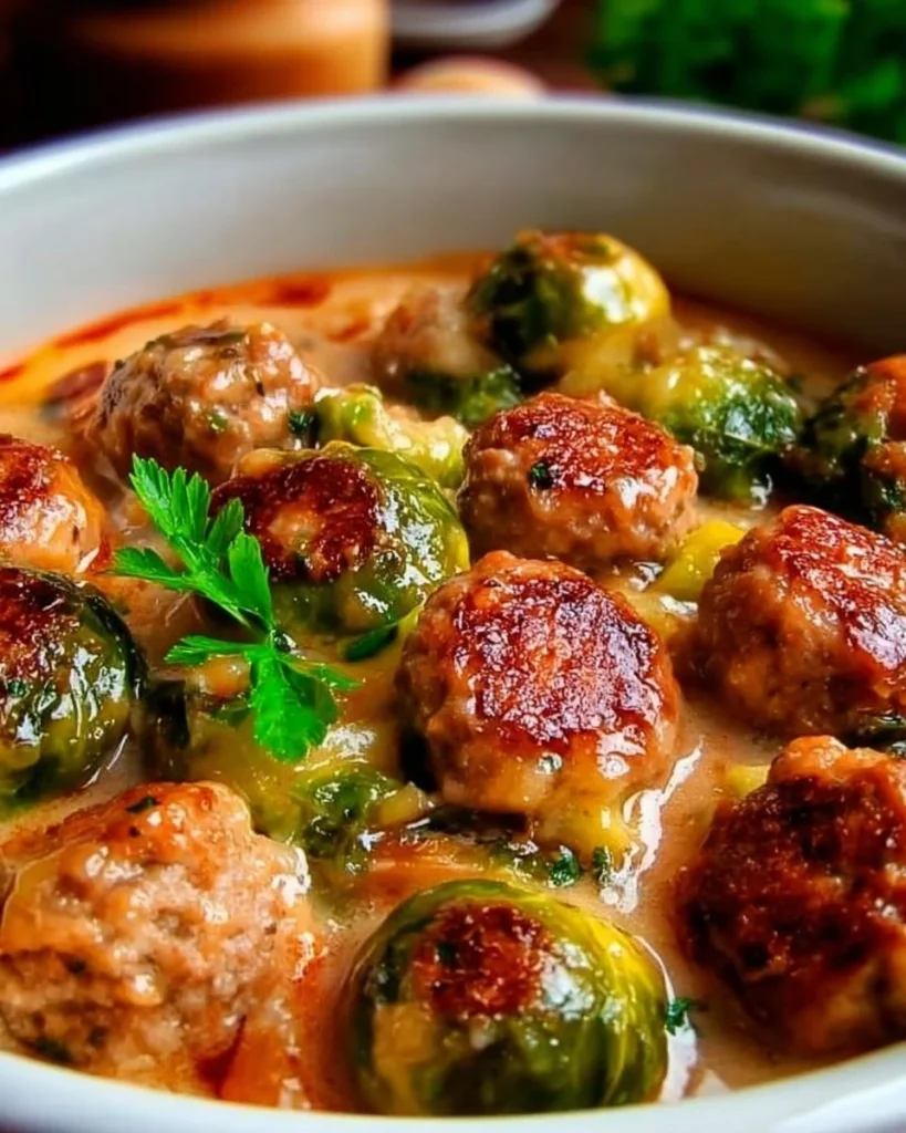 Rosenkohleintopf mit saftigen Hackbällchen auf einem Teller serviert