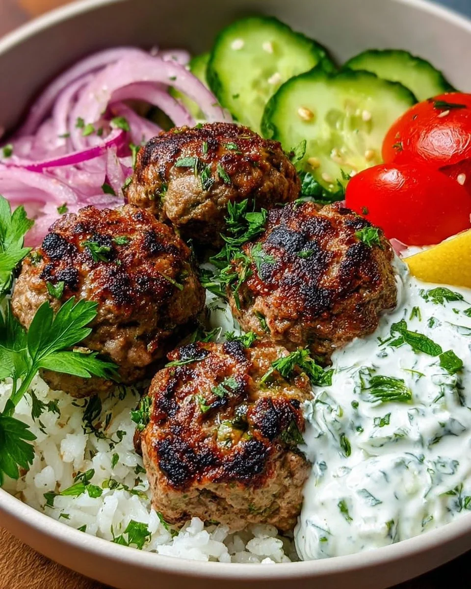 Griechische Fleischbällchen-Bowl mit Tzatziki und frischem Gemüse