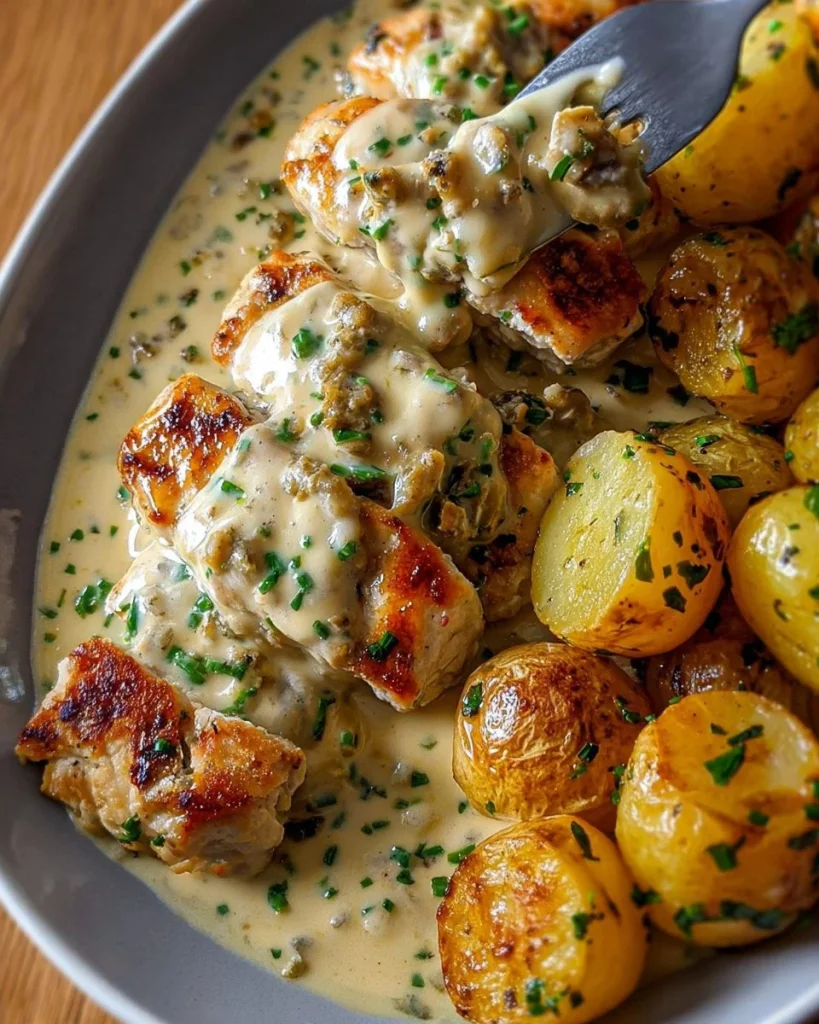 Saftige Hähnchenstücke mit Schnittlauchsauce und Ofenkartoffeln auf einem Teller