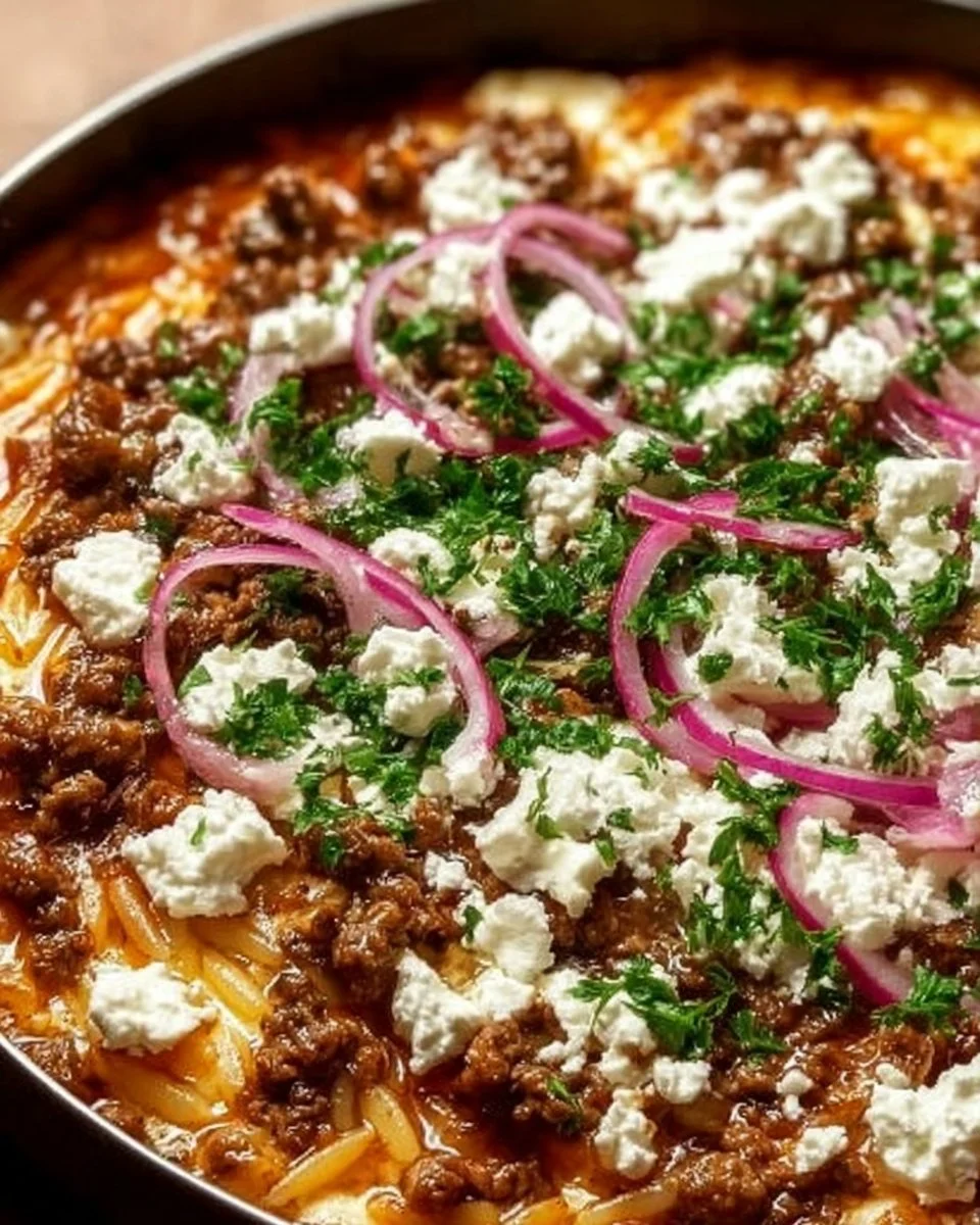 Sartén de kritharaki con carne picada y queso feta decorado