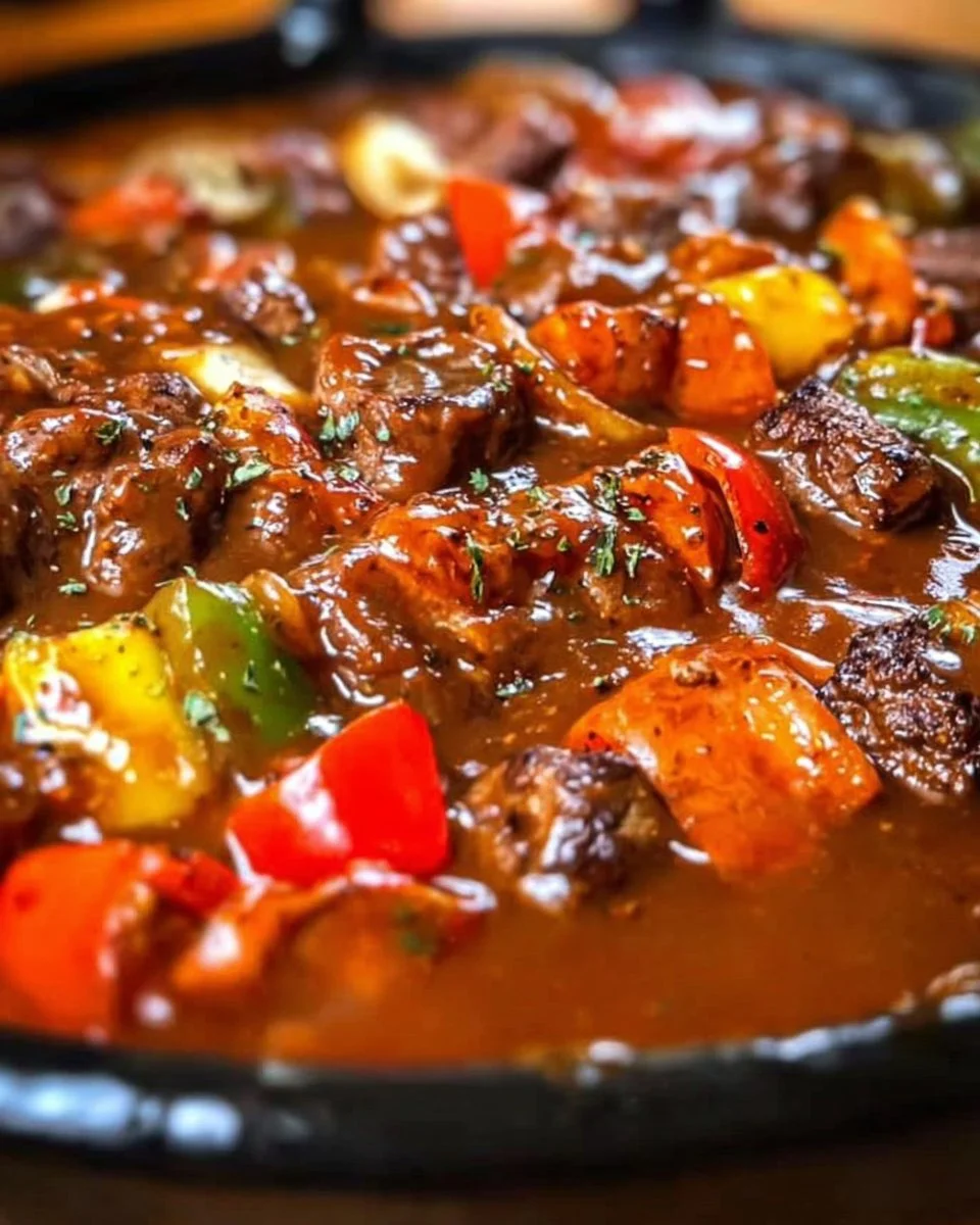 Schaschliktopf mit leckeren Fleischspießen und Gemüse in einer Pfanne
