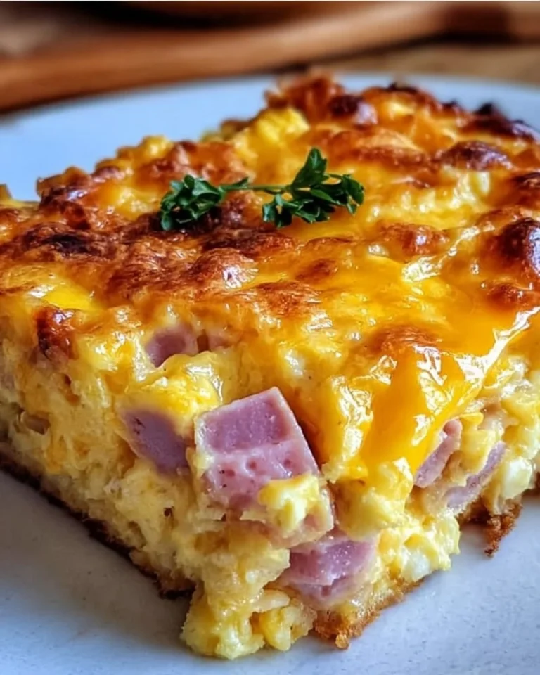Leckerer Schinken-Käse-Eierauflauf auf einem Teller serviert.