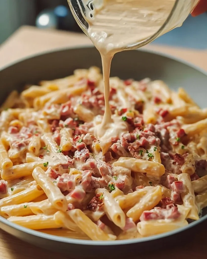 Schnelle Schinken-Nudeln mit Schmandsoße auf einem Teller serviert.