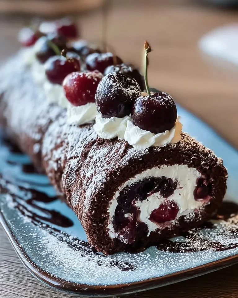 Schwarzwälder Kirschtorte Biskuitrolle mit Sahne und Kirschen