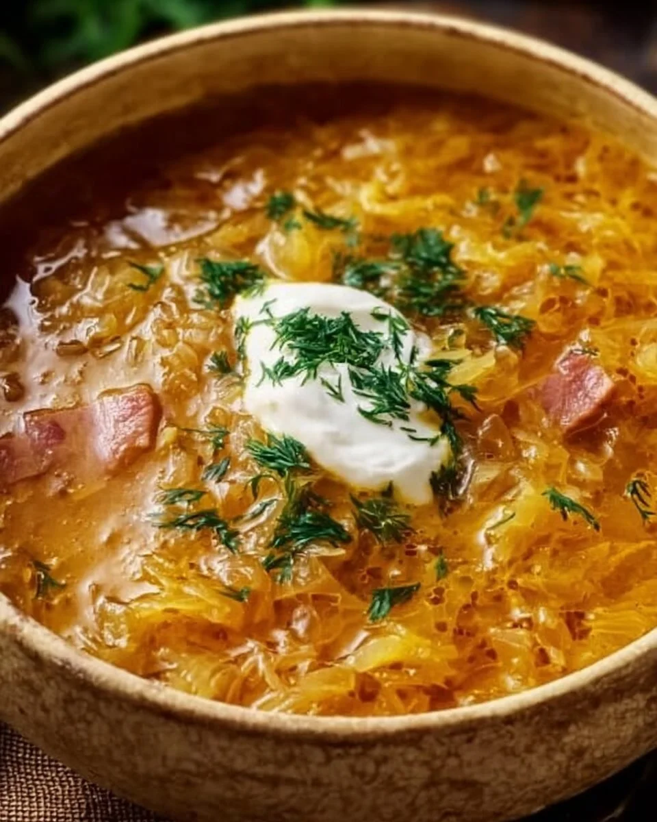 Tazón de sopa de chucrut caliente con ingredientes frescos y hierbas aromáticas