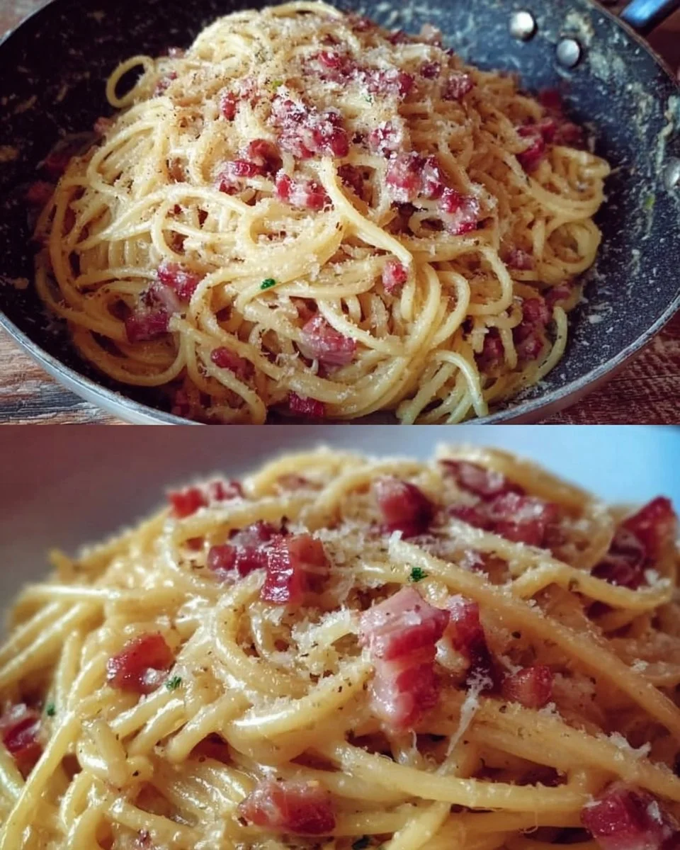 Schüssel mit Spaghetti Carbonara, serviert mit Parmesan und frischem Pfeffer.