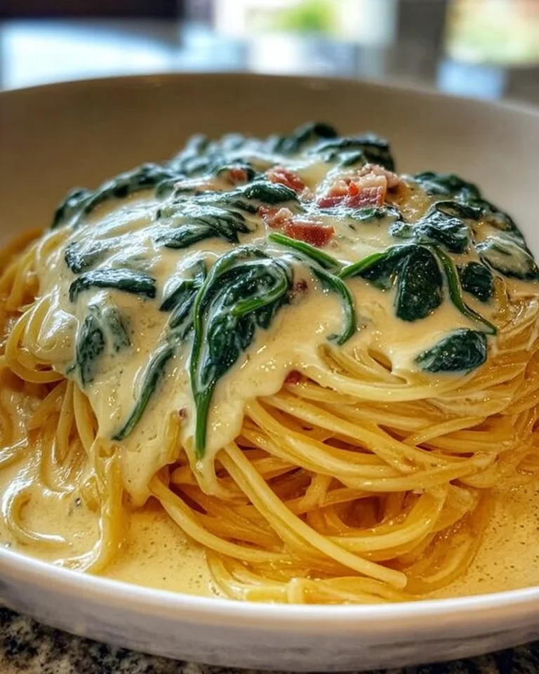 Spaghetti mit Spinat-Frischkäse-Soße auf einem Teller