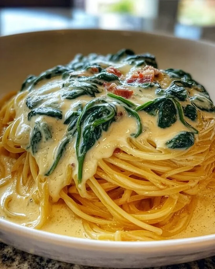 Spaghetti mit Spinat-Frischkäse-Soße auf einem Teller