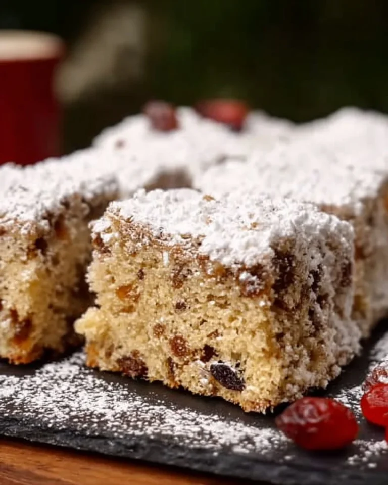 Stollenkuchen vom Blech mit Marzipan auf einem servierfreundlichen Teller.