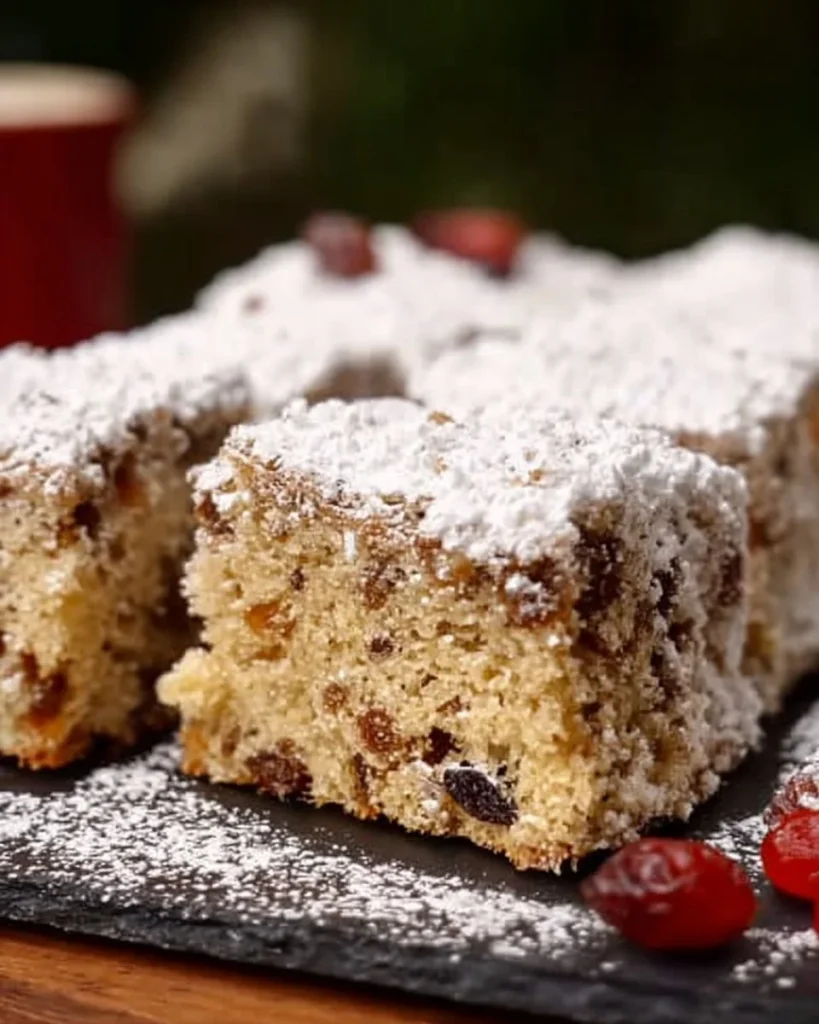 Stollenkuchen vom Blech mit Marzipan auf einem servierfreundlichen Teller.