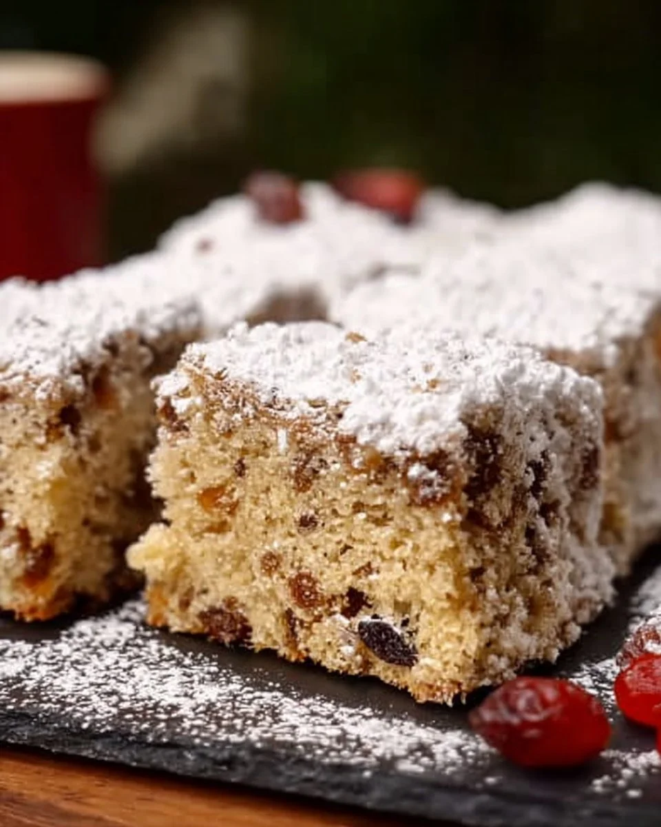 Stollenkuchen vom Blech mit Marzipan auf einem servierfreundlichen Teller.