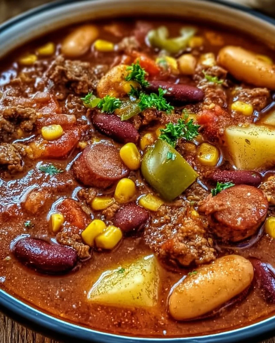 Eine Schüssel Texanischer Cowboy-Eintopf, reich an Bohnen und Fleisch.