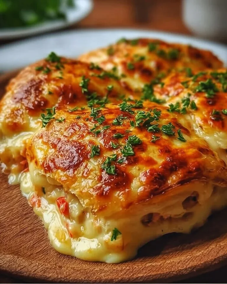 Thunfisch-Blätterteig mit Käse und Paprika auf einem Teller serviert