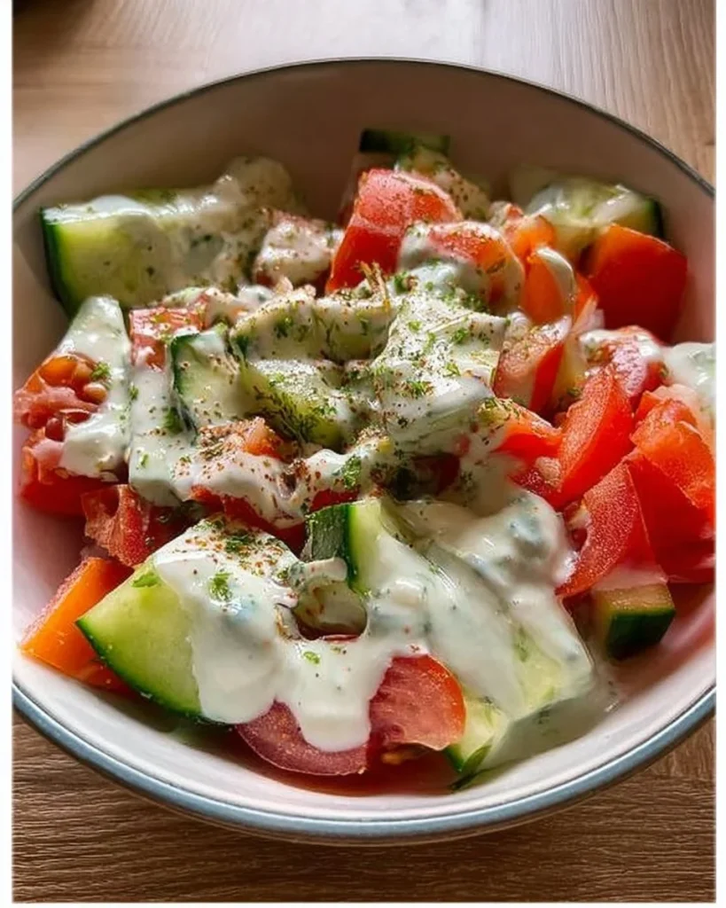 Tomaten-Gurken-Salat mit Joghurt-Dressing in einer Schüssel serviert.