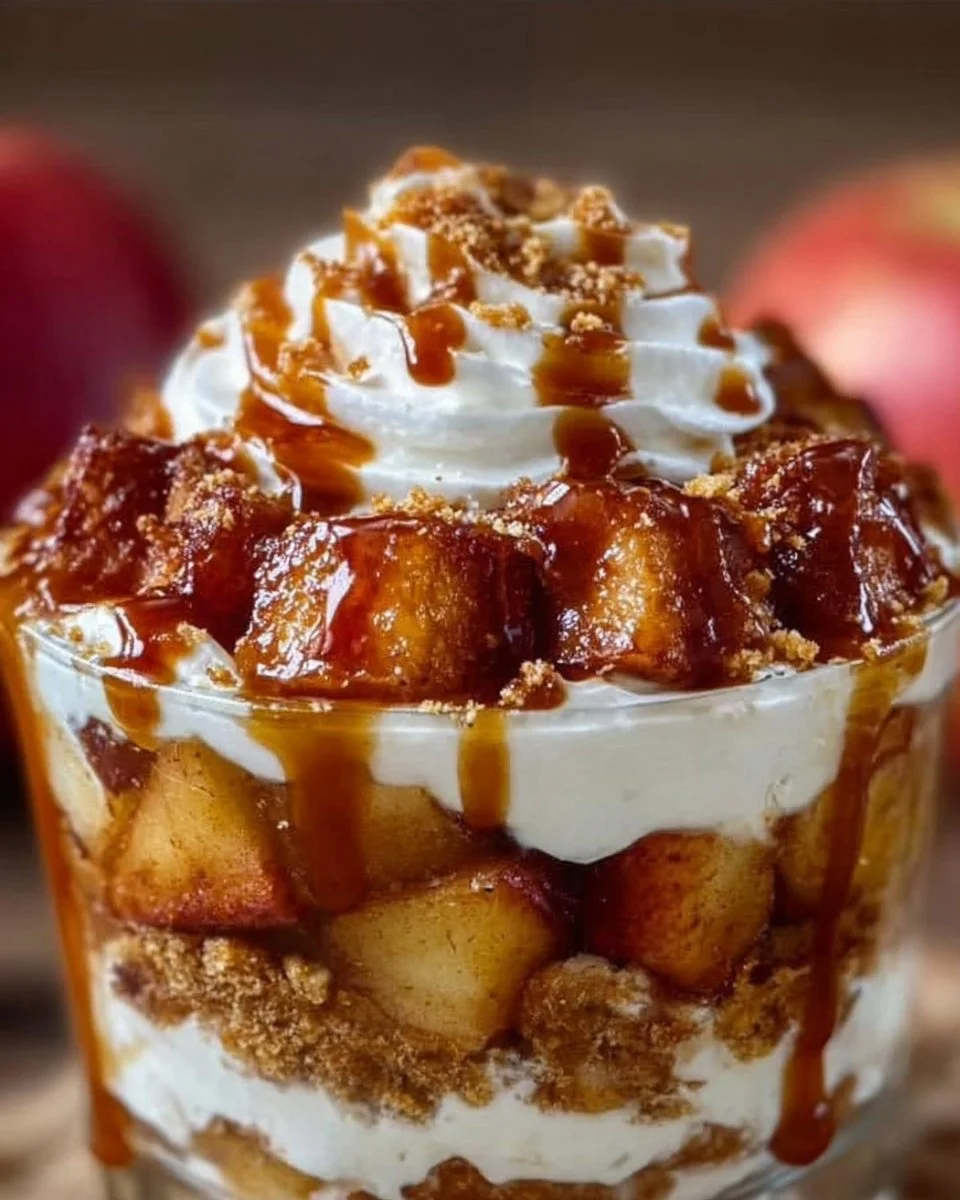 Trifle de manzana asada con caramelo sobre una mesa de madera
