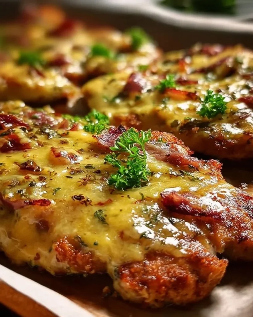 Überbackene Partyschnitzel auf einem Teller, ideal für Feiern und Veranstaltungen.