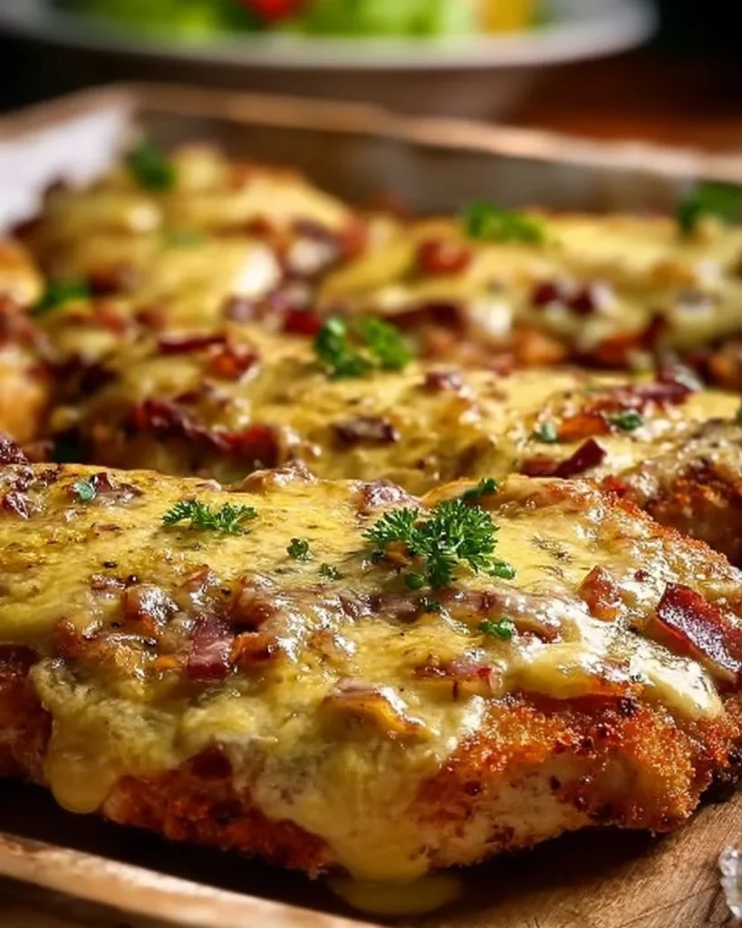 Überbackene Partyschnitzel auf einem Teller mit frischen Beilagen