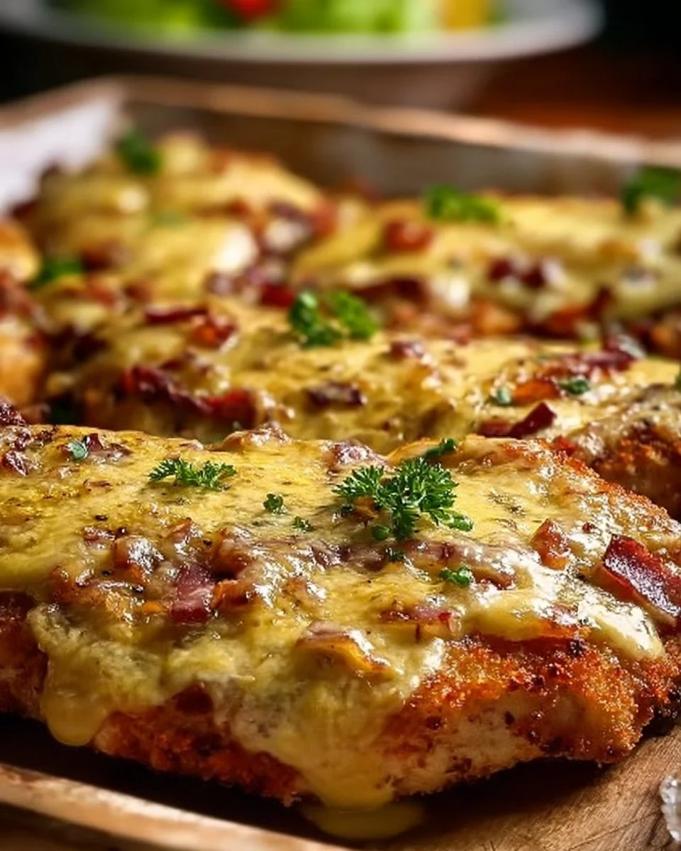 Überbackene Partyschnitzel auf einem Teller mit frischen Beilagen