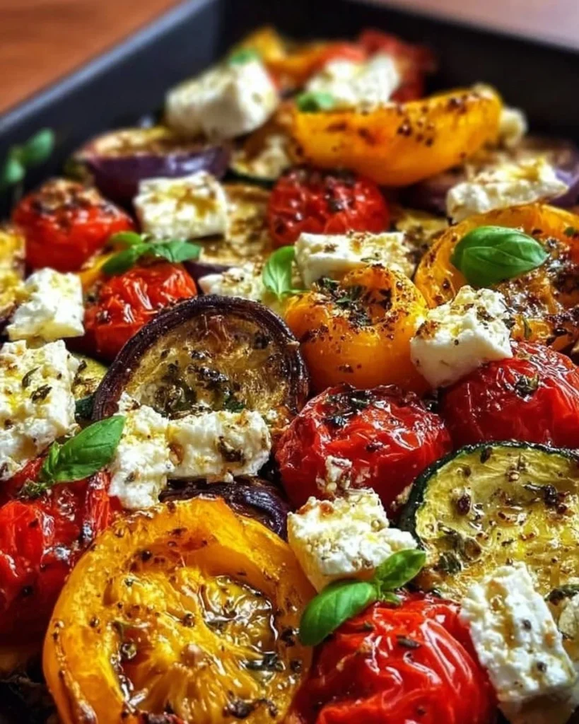 Plato de verduras al horno con queso feta gratinado