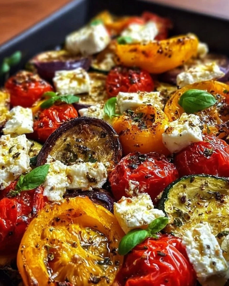 Plato de verduras al horno con queso feta gratinado