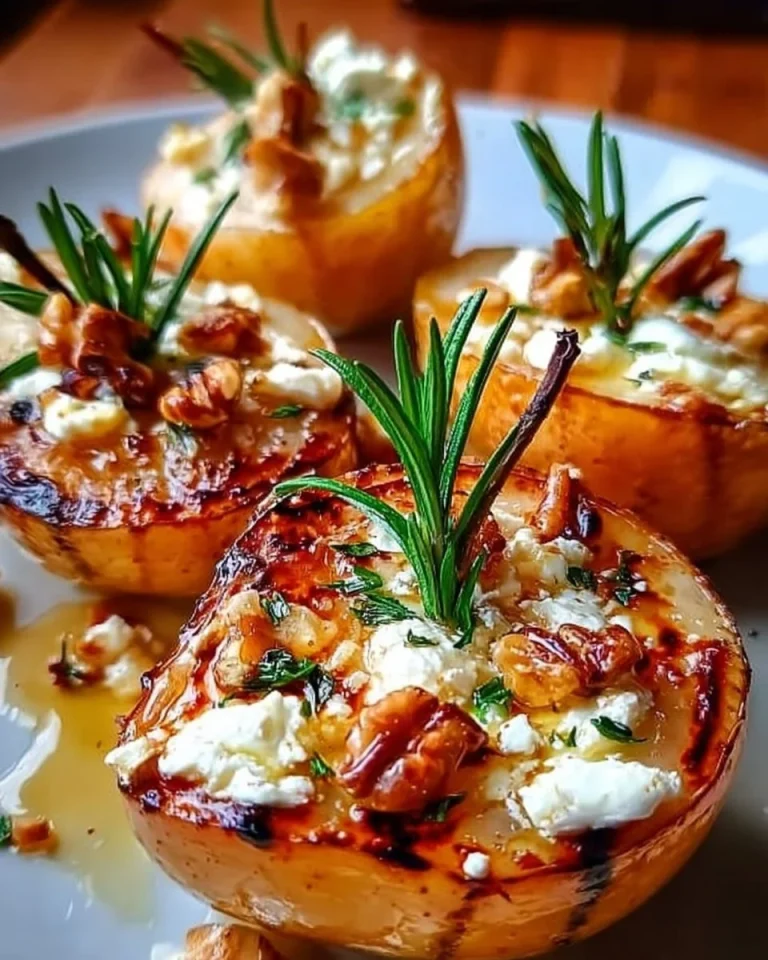 Warme Birnenhälften mit Ziegenkäse und Rosmarin auf einem Teller serviert