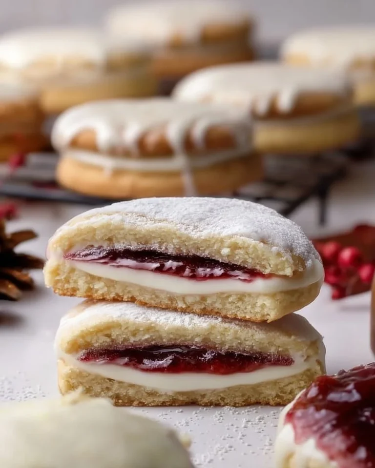 Zarte Vanilleplätzchen mit weißer Schokocreme und Himbeerkonfitüre auf einem Teller