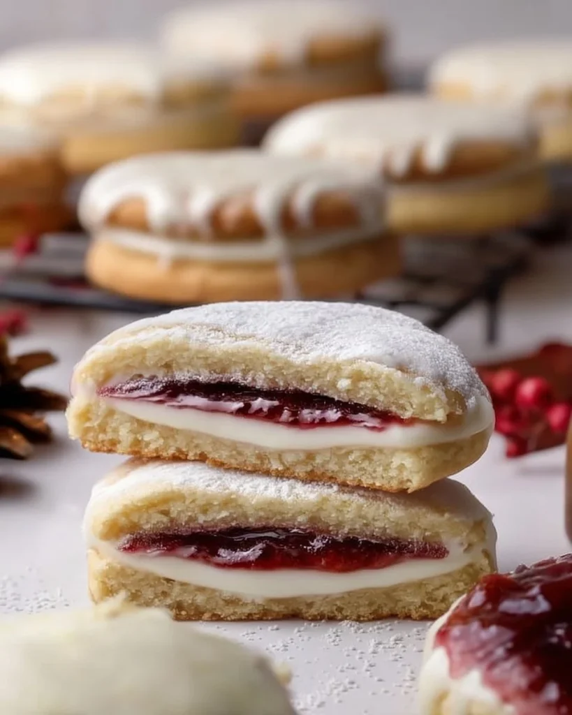 Zarte Vanilleplätzchen mit weißer Schokocreme und Himbeerkonfitüre auf einem Teller