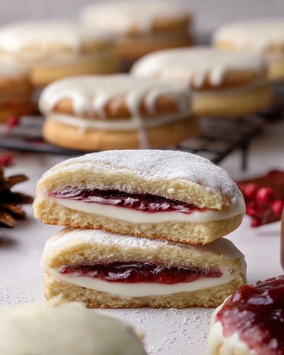 Zarte Vanilleplätzchen mit weißer Schokocreme und Himbeerkonfitüre auf einem Teller