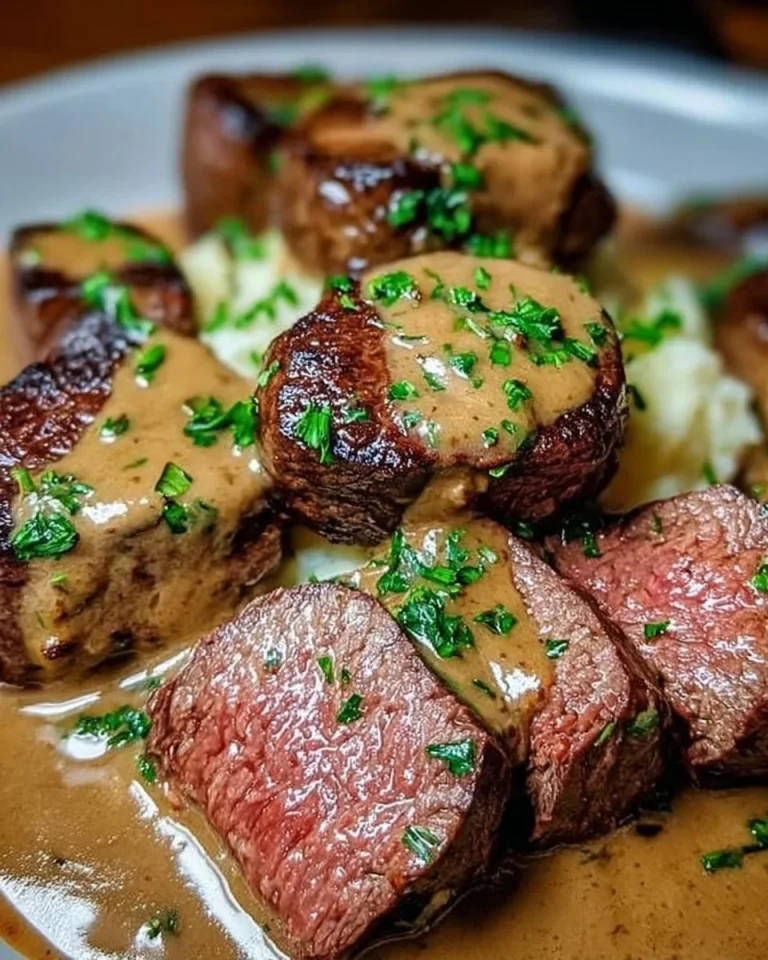 Zartes Rinderfilet in einer aromatischen Cognac-Sahnesauce serviert
