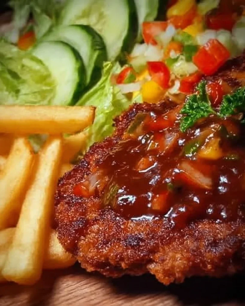 Zigeunerschnitzel mit Salat und Pommes auf einem Teller serviert