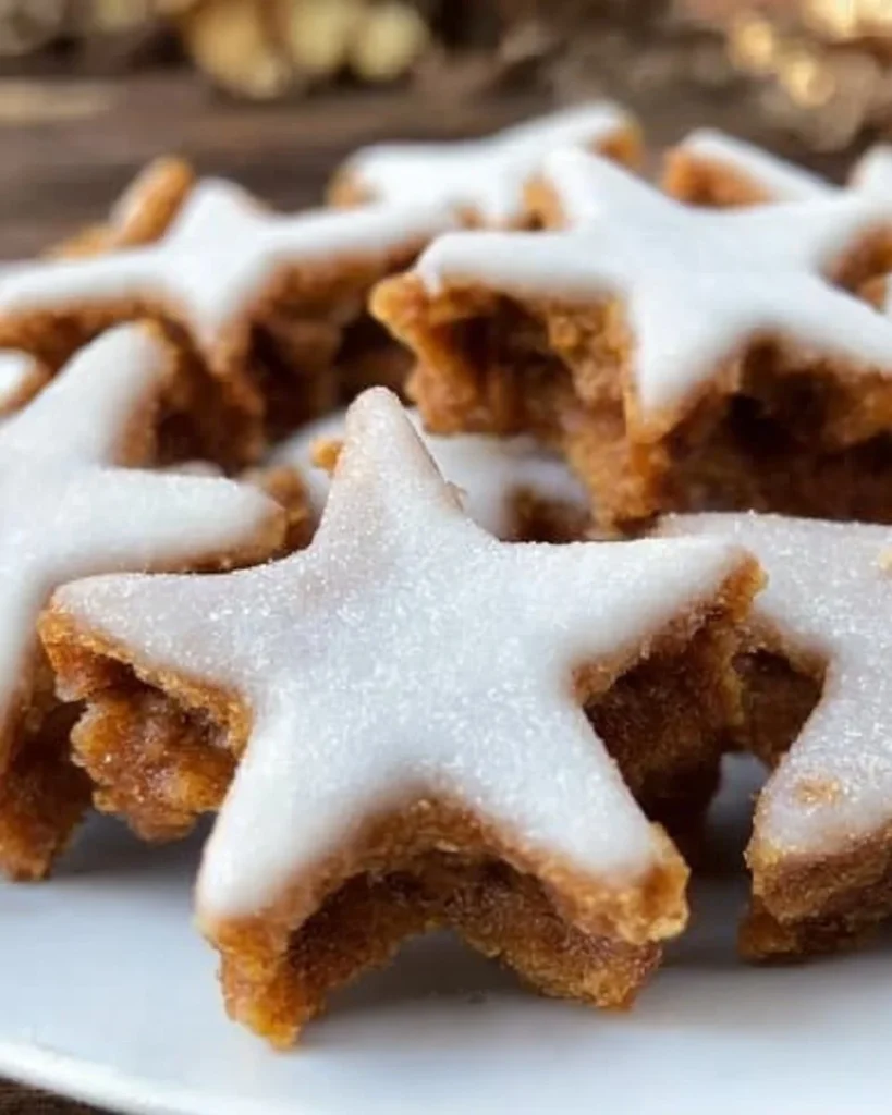 Leckere Zimtsterne Plätzchen dekoriert mit Zuckerglasur auf einem schönen Teller.