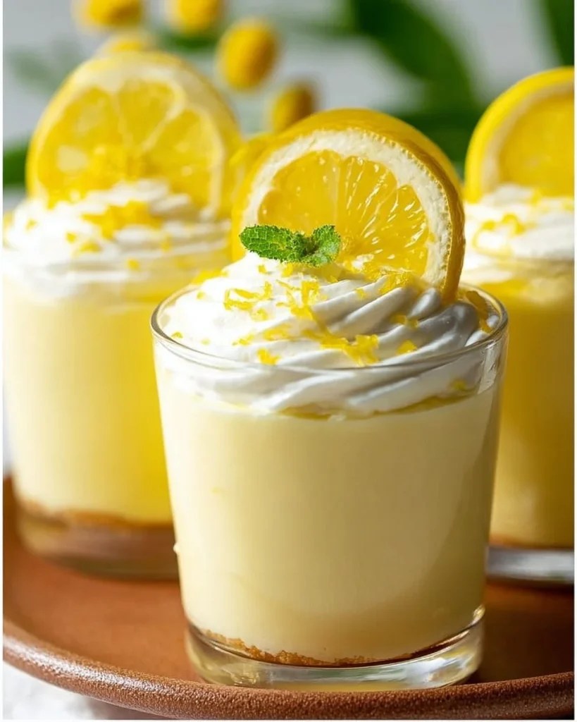 Zitronenmousse ohne Eier in einer eleganten Dessertschale serviert