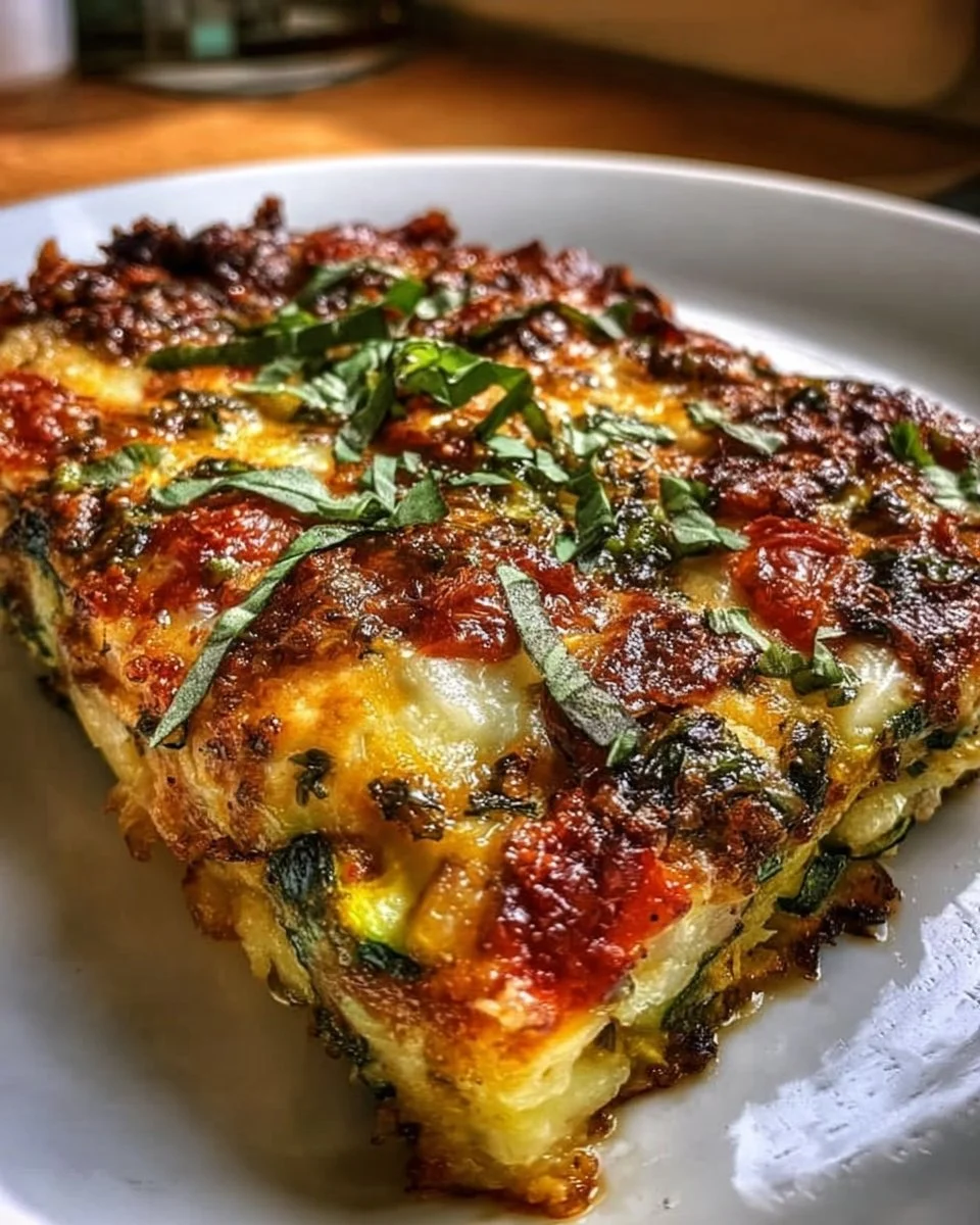 Zucchini-Tomaten-Auflauf mit Knoblauch und Basilikum auf einem Teller angerichtet