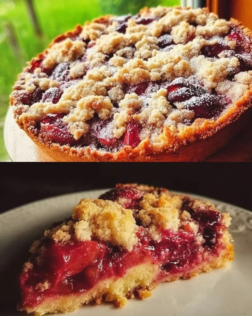 Leckerer Zwetschgenkuchen mit Zimtstreuseln auf einem Kuchenstand