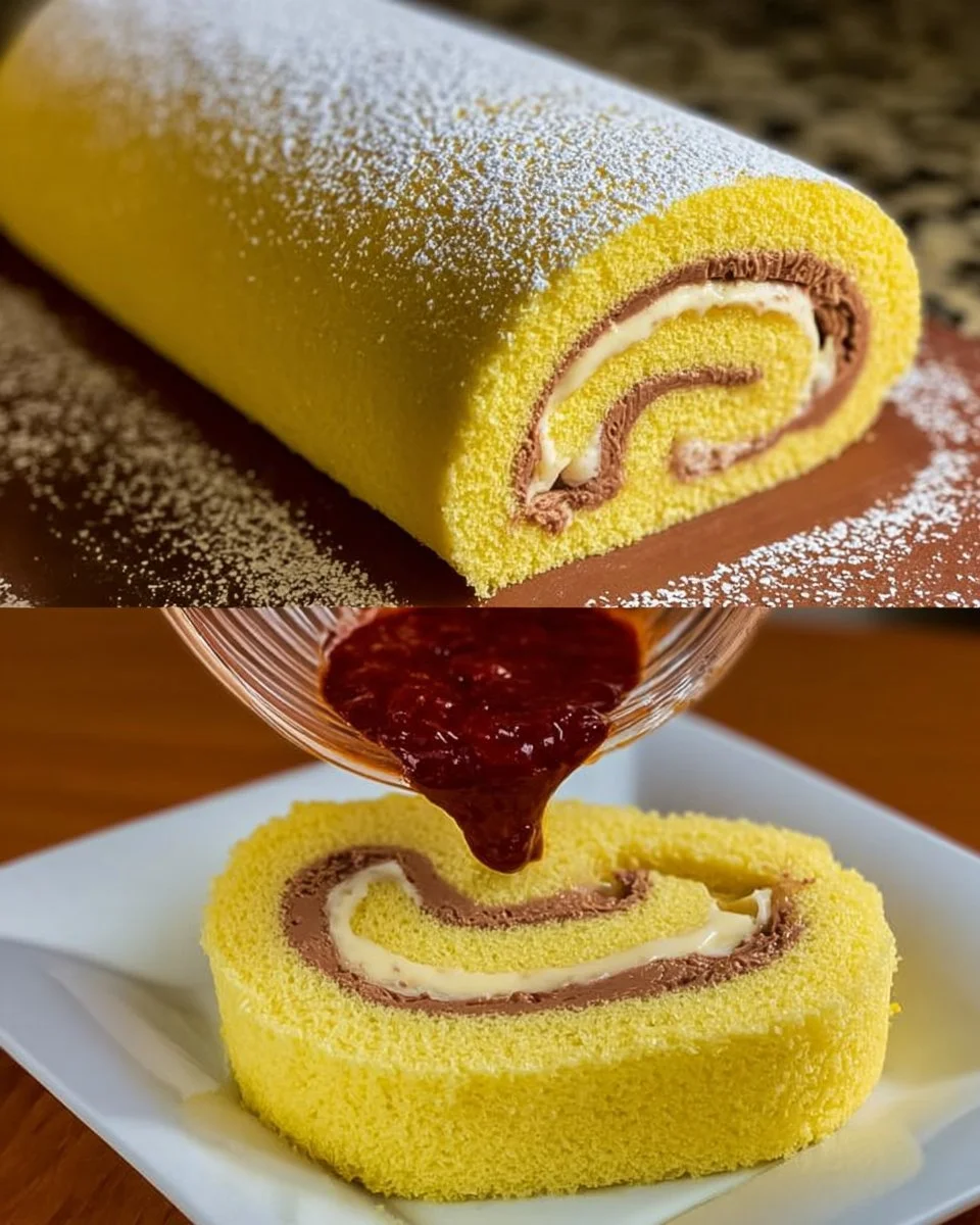 Eine leckere Biskuitroulade auf einem Teller, dekoriert mit Früchten.