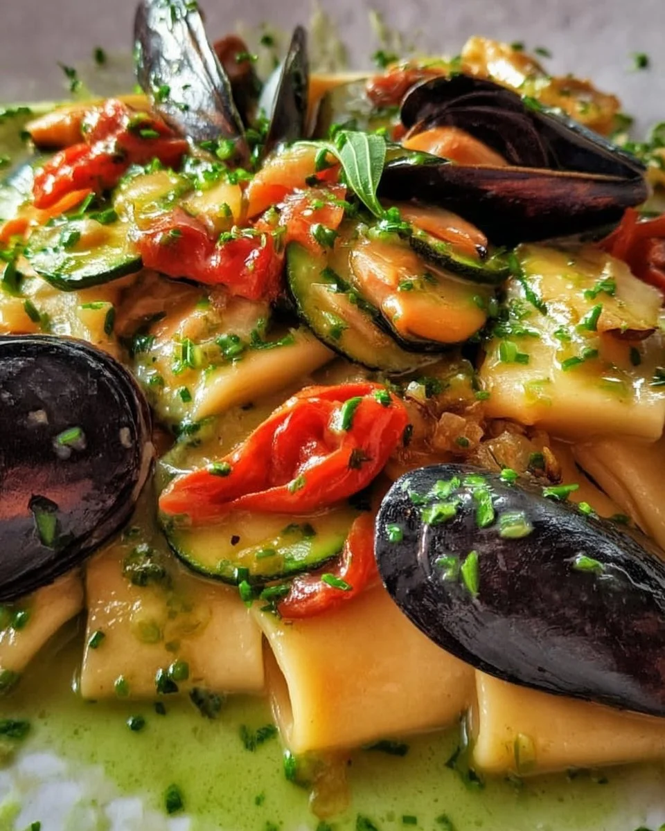 Calamarata mit Zucchini und Muscheln auf einem Teller serviert.