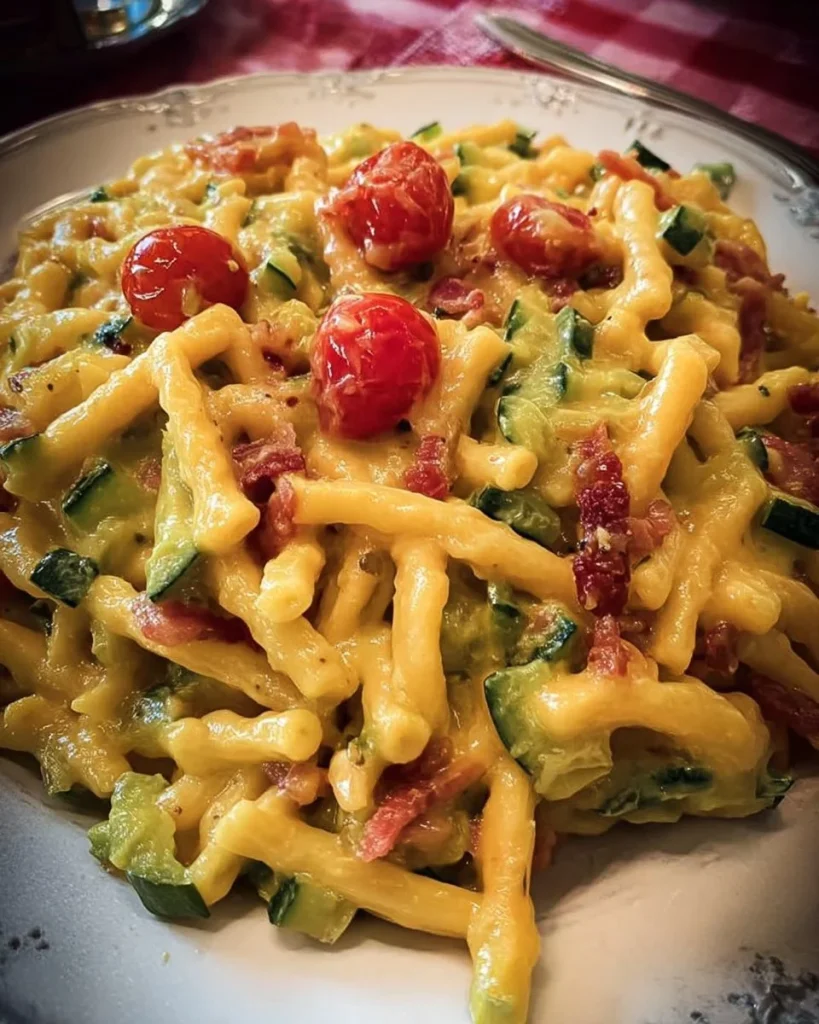 Casarecce Zucchini in einer Béchamelsoße mit Speck und Kirschtomaten