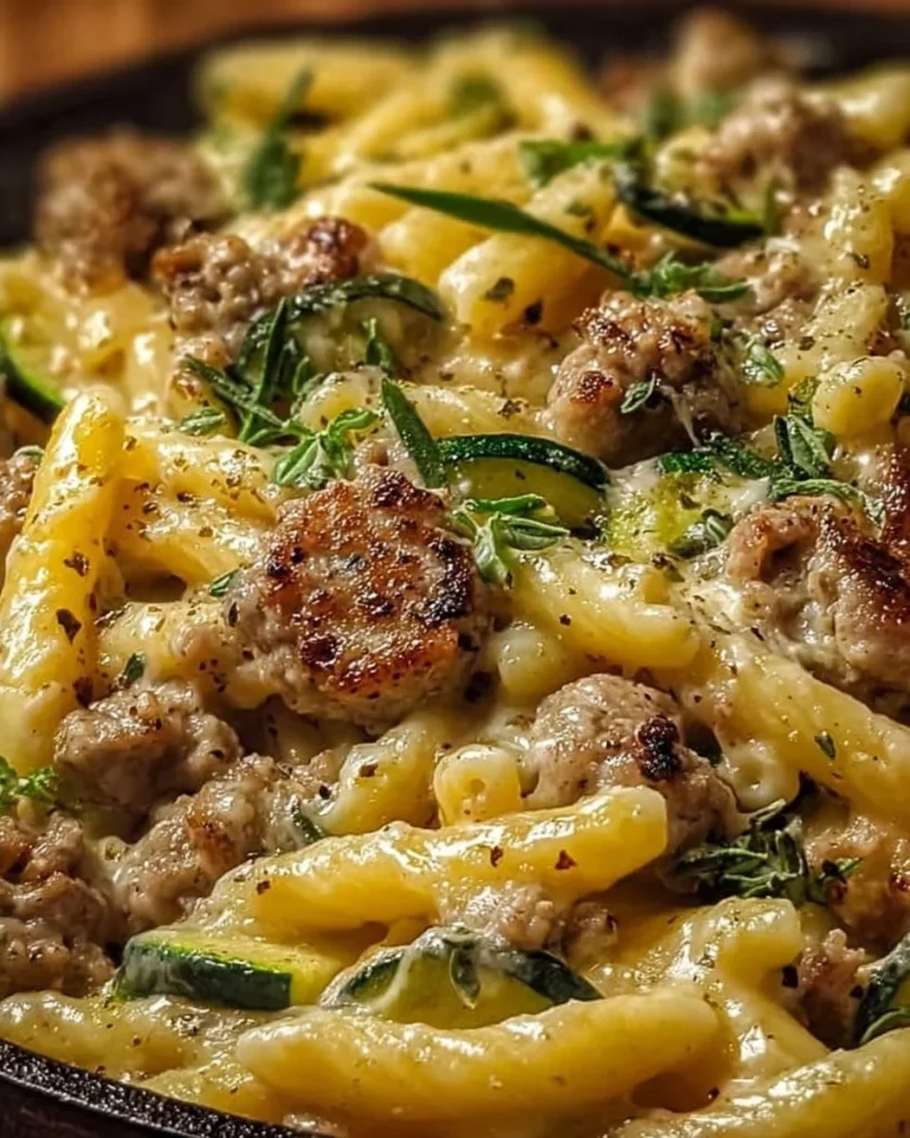 Schüssel mit Caserecce, Wurst und Zucchini in einer cremigen Philadelphia-Sauce