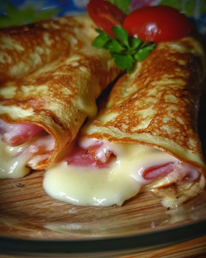 Leckere Crêpes gefüllt mit Prosciutto und Mozzarella auf einem Teller