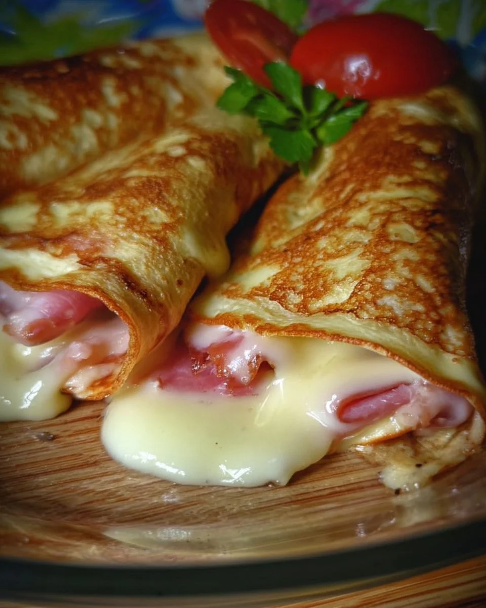 Leckere Crêpes gefüllt mit Prosciutto und Mozzarella auf einem Teller
