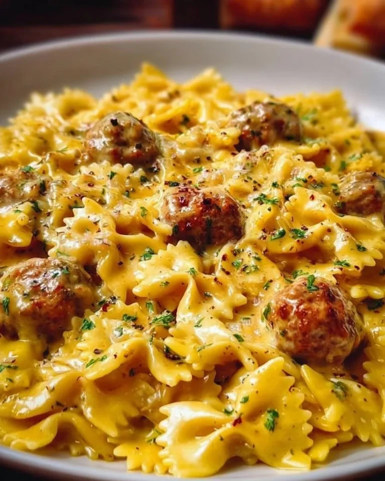 Farfalle mit Wurst, Sahne und Safran auf einem Teller angerichtet