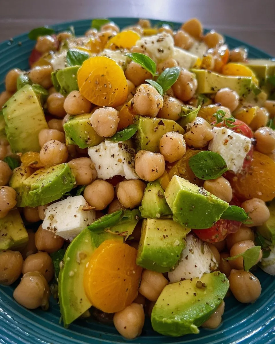 Kichererbsensalat mit Avocado auf einem Teller serviert