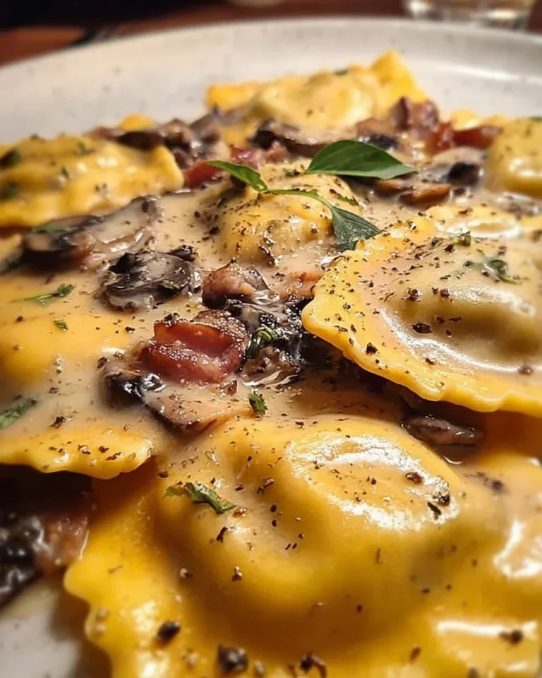 Kürbisgefüllte Ravioli mit Gorgonzola-Sauce, Pilzen und süßem Speck serviert