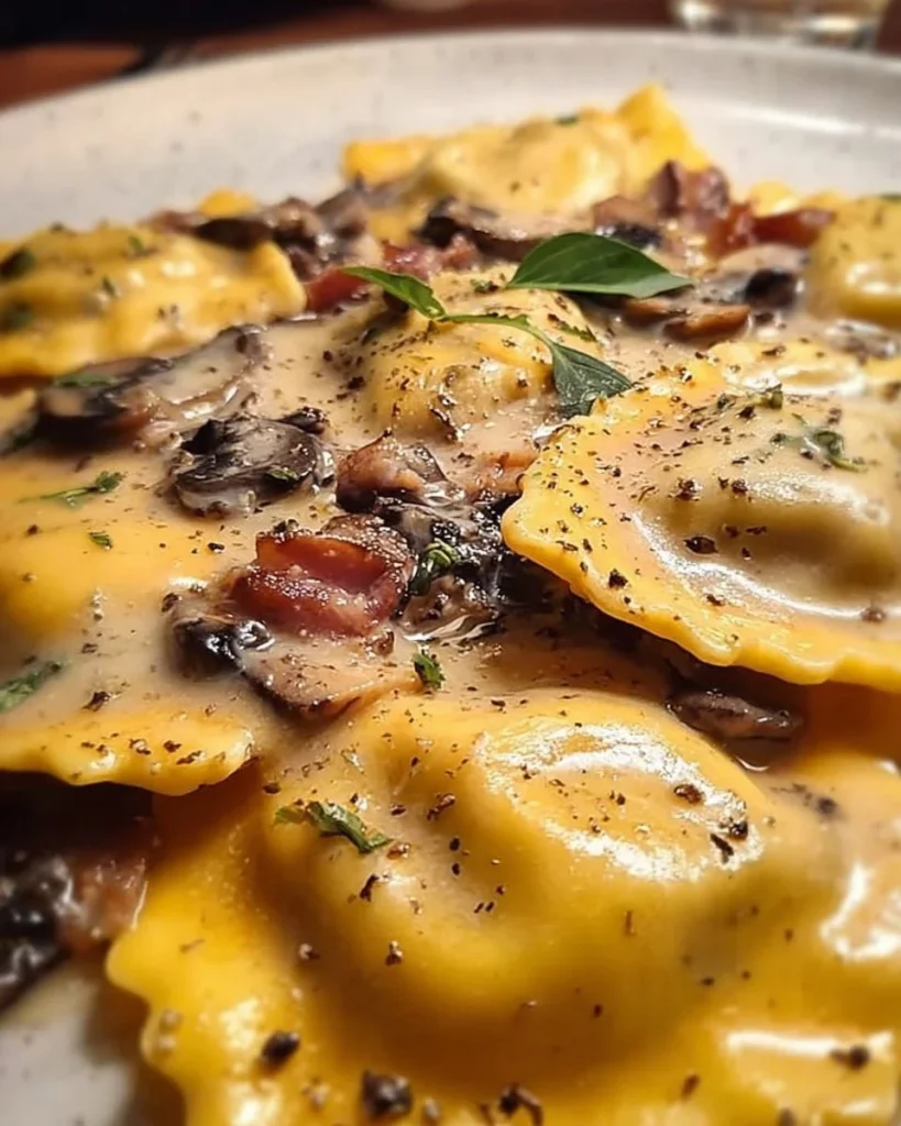 Kürbisgefüllte Ravioli mit Gorgonzola-Sauce, Pilzen und süßem Speck serviert