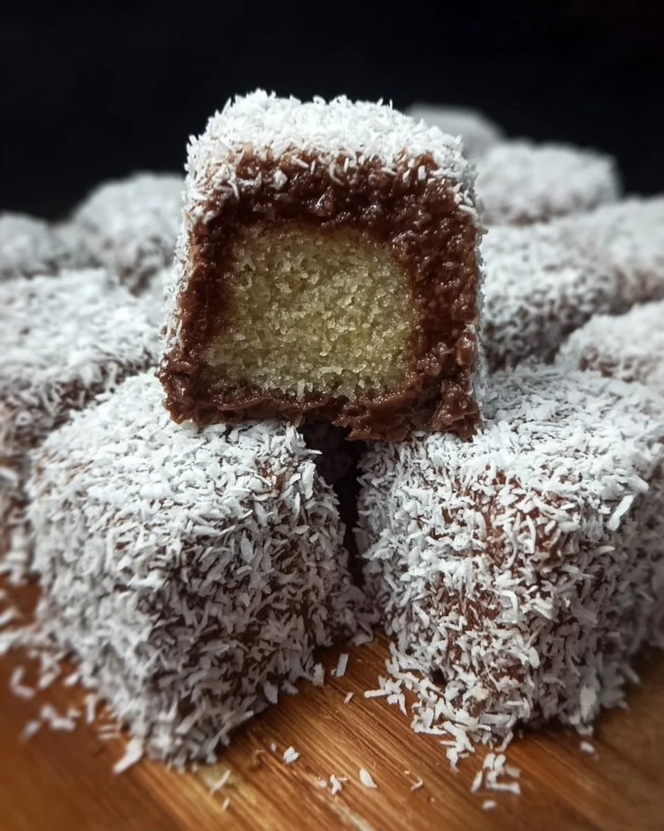 Leckereien aus Lamington Schokolade und Kokosnuss auf einem Teller.