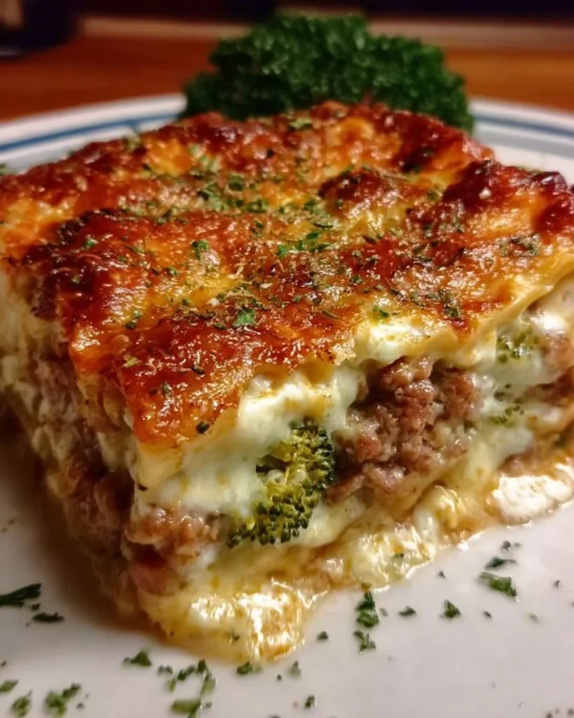 Lasagne mit Brokkoli und Würstchen auf einem Teller serviert