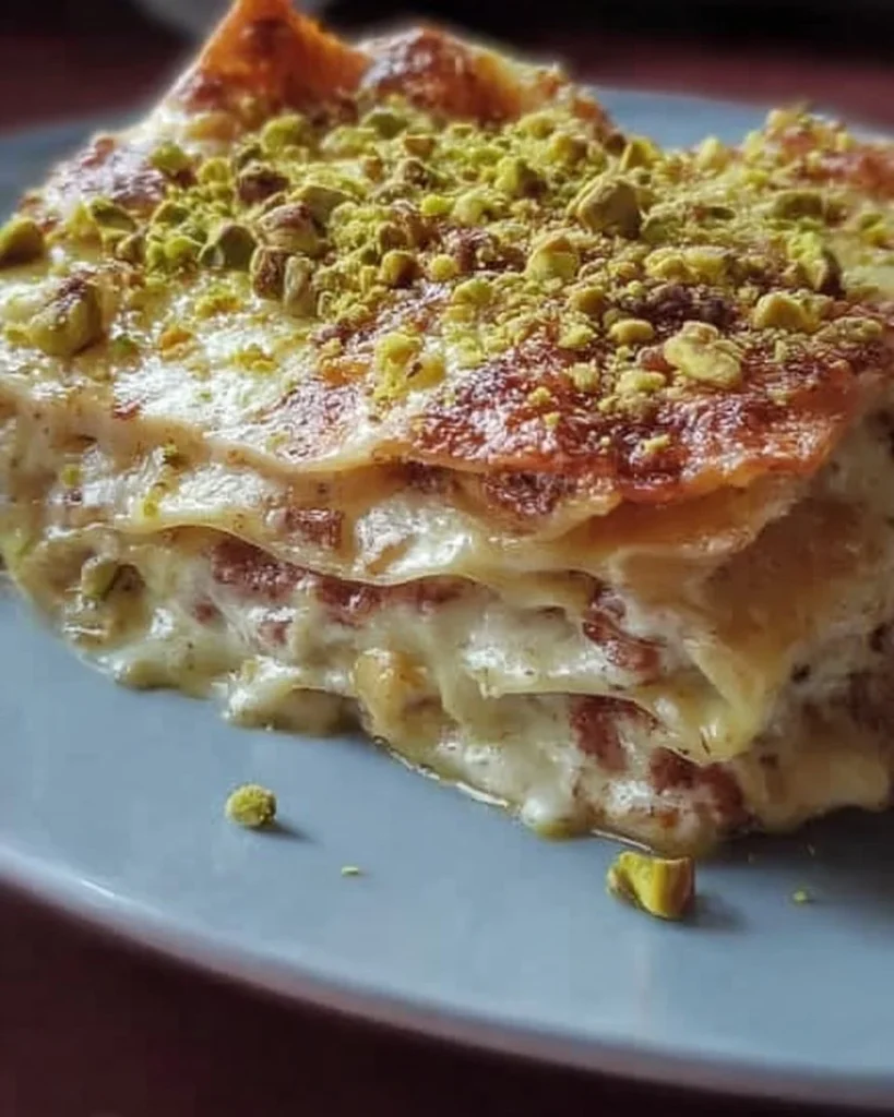 Lasagne mit Mortadella und Pistazien auf einem Teller serviert.