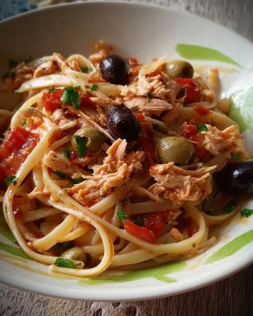 Linguine mit Thunfisch, Oliven, Kapern und Sardellen auf einem Teller